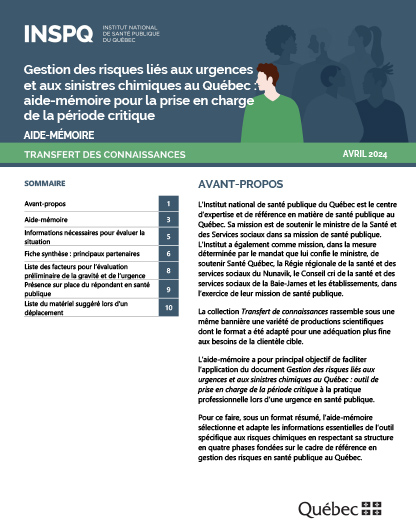 Gestion des risques liés aux urgences et aux sinistres chimiques au Québec : aide-mémoire pour la prise en charge de la période critique