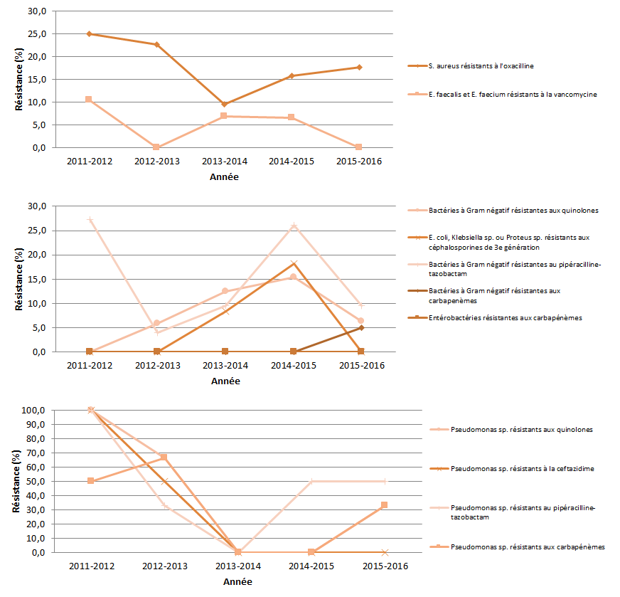 Figure 6 – Évolution des proportions de résistance aux antibiotiques pour les bactéries à Gram positif, les bactéries à Gram négatif et les Pseudomonas sp., Québec, 2011-2015 à 2015-2016 (%)