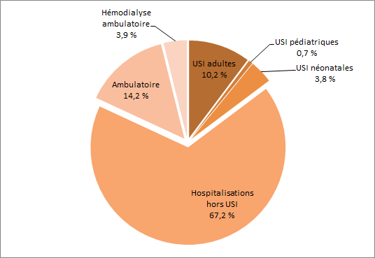 Figure 5 – Répartition des cas selon la catégorie d’unité de soins et le type d’unité de soins intensifs, Québec, 2015-2016 (%)