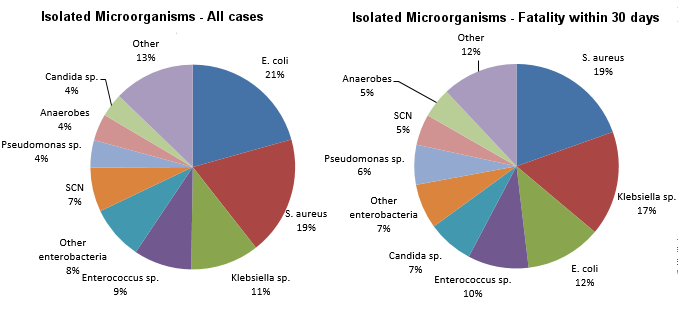 Figure 8 – Breakdown of Categories of Isolated Microorganisms in All Cases (N = 3,579) and Cases of Fatality Within 30 Days (N = 635), Québec, 2016–2017 (%)