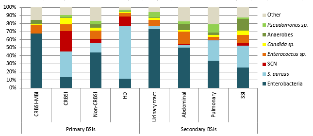 Figure 9 – Breakdown of Categories of Isolated Microorganisms, for Each Type of BSI, Québec, 2016–2017 (%)