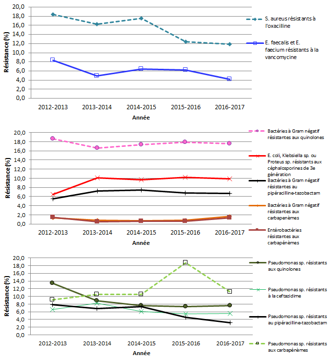 Figure 10 – Évolution de la proportion de résistance aux antibiotiques pour les bactéries à Gram positif, pour les bactéries à Gram négatif et pour les Pseudomonas sp., Québec, 2016-2017 (%)