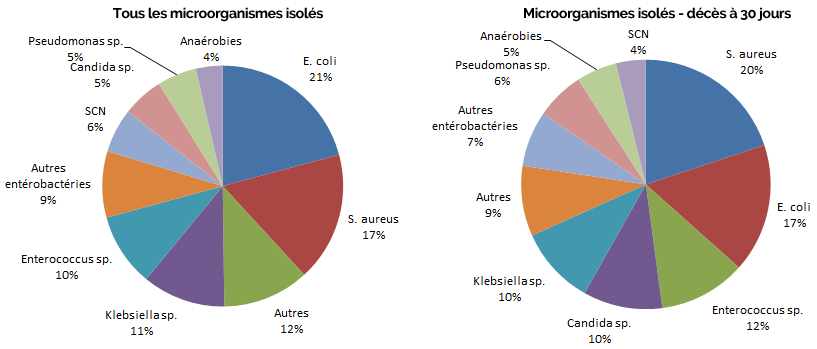 Figure 8 – Répartition des catégories de microorganismes isolés, pour tous les cas (N = 3 398) et pour les cas décédés à 30 jours (N = 593), Québec, 2017-2018 (%)