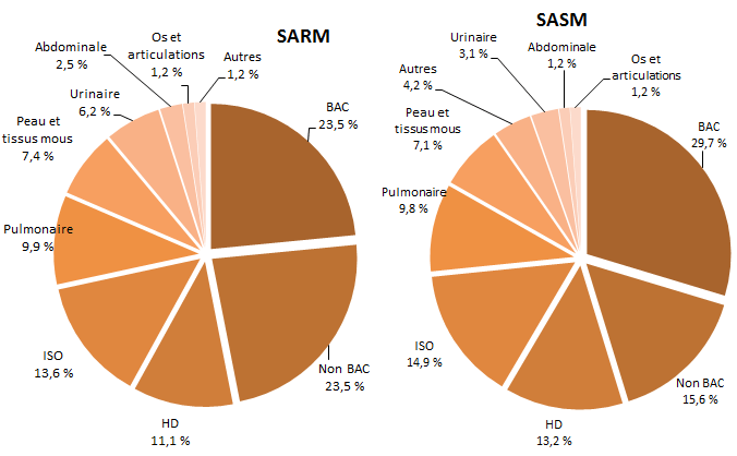Figure 3 – Répartition des bactériémies nosocomiales à SARM et à SASM (cat. 1a, 1b et 1c) selon le type d’infection, Québec, 2016-2017 (SARM : N = 81; SASM : N = 590)