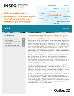 Utilisation des vaccins pneumococciques conjugués 10 et 13-valent dans les différents groupes d'âge