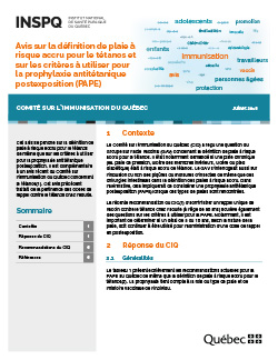 Avis sur la définition de plaie à risque accru pour le tétanos et sur les critères à utiliser pour la prophylaxie antitétanique postexposition (PAPE)