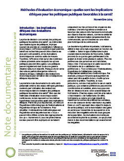 Méthodes d’évaluation économique : quelles sont les implications éthiques pour les politiques publiques favorables à la santé?