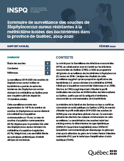 Sommaire de surveillance des souches de Staphylococcus aureus résistantes à la méthicilline isolées des bactériémies dans la province de Québec, 2019-2020