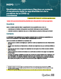 Réutilisation des respirateurs N95 dans un contexte d’une pénurie réelle ou appréhendée lors de la pandémie de la COVID-19