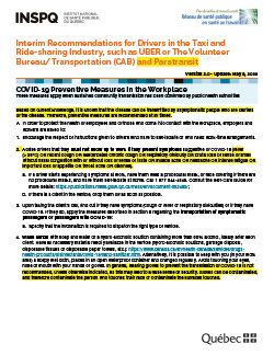 Interim Recommendations for Drivers in the Taxi and Ride-sharing Industry, such as UBER or The Volunteer Bureau/Transportation (CAB)