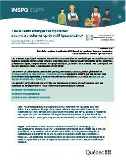 Travailleurs étrangers temporaires soumis à l’isolement préventif (quarantaine)