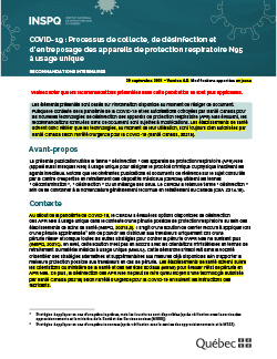 COVID-19 : Processus de collecte, de désinfection et d’entreposage des appareils de protection respiratoire N95 à usage unique