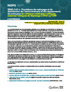 COVID-19 : Procédures de nettoyage et de désinfection de l’environnement et des équipements de soins pour les cliniques médicales COVID-19 : Procédures de nettoyage et de désinfection de l’environnement et des équipements de soins pour les cliniques médicales