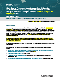 SRAS-CoV-2 : Procédures de nettoyage et de désinfection de l’environnement et des équipements de soins pour les cliniques médicales/cliniques externes/cliniques de dépistage COVID-19/GMF