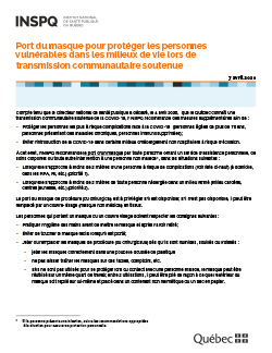 Port du masque pour protéger les personnes vulnérables dans les milieux de vie lors de transmission communautaire soutenue