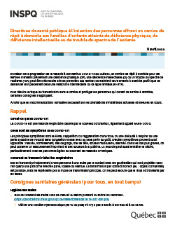 Directives de santé publique à l’intention des personnes offrant un service de répit à domicile aux familles d’enfants atteints de déficience physique, de déficience intellectuelle ou de trouble du spectre de l’autisme