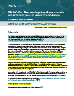 SRAS-CoV-2 : Mesures de prévention et contrôle des infections pour les unités d’hémodialyse SRAS-CoV-2 : Mesures de prévention et contrôle des infections pour les unités d’hémodialyse