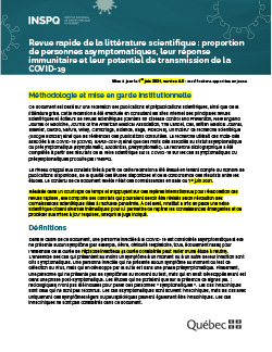 Revue rapide de la littérature scientifique : proportion de personnes asymptomatiques, leur réponse immunitaire et leur potentiel de transmission de la COVID-19 