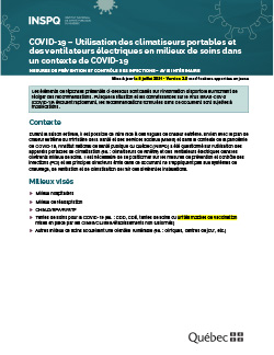 Utilisation des climatiseurs portables et des ventilateurs électriques en milieux de soins dans un contexte de COVID-19