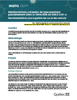 Manifestations cutanées de type perniose possiblement liées à l’infection au SRAS-CoV-2 - Recommandations pour la gestion des cas et des contacts