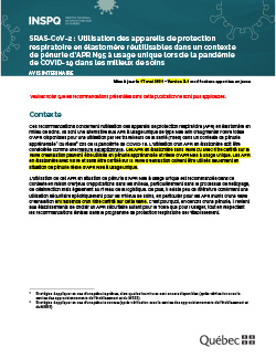 SRAS-CoV-2 : Utilisation des appareils de protection respiratoire en élastomère réutilisables dans un contexte  de pénurie d’APR N95 à usage unique lors de la pandémie de COVID-19 dans les milieux de soins