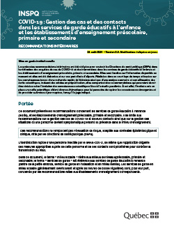 COVID-19 : Gestion des cas et des contacts dans les services de garde éducatifs à l’enfance et les établissements d’enseignement préscolaire, primaire et secondaire