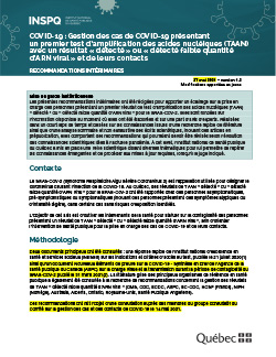 Gestion des cas de COVID-19 présentant un premier test d’amplification des acides nucléiques (TAAN) avec un résultat « détecté » ou « détecté faible quantité d’ARN viral » et de leurs contacts