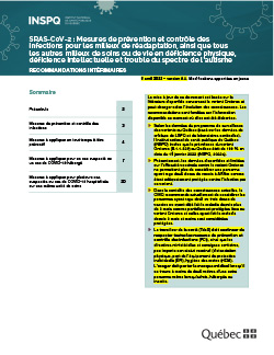 Mesures de prévention et contrôle des infections pour les milieux de réadaptation, ainsi que tous les autres milieux de soins ou de vie en déficience physique, déficience intellectuelle et trouble du spectre de l’autisme