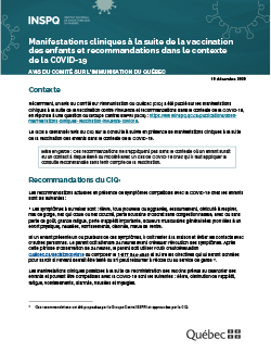 Manifestations cliniques à la suite de la vaccination des enfants et recommandations dans le contexte de la COVID-19