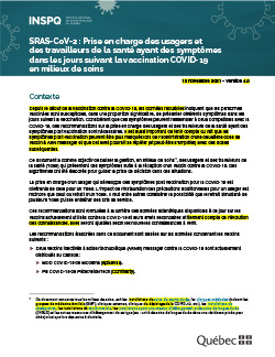 SRAS-CoV-2 : Prise en charge des usagers et des travailleurs de la santé ayant des symptômes dans les jours suivant la vaccination COVID-19 en milieux de soins 