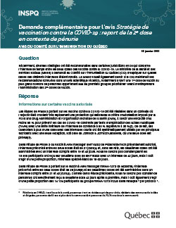 Demande complémentaire pour l’avis Stratégie de vaccination contre la COVID-19 : report de la 2e dose en contexte de pénurie 