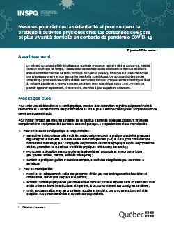 Mesures pour réduire la sédentarité et pour soutenir la pratique d’activités physiques chez les personnes de 65 ans  et plus vivant à domicile en contexte de pandémie COVID-19