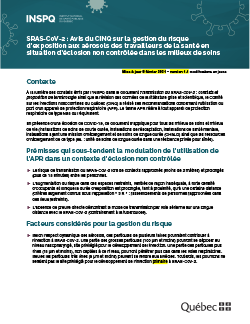 Avis du CINQ sur la gestion du risque d’exposition aux aérosols des travailleurs de la santé en situation d’éclosion non contrôlée dans les milieux de soins