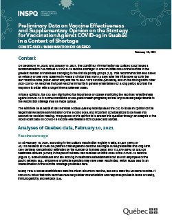 Preliminary Data on Vaccine Effectiveness  and Supplementary Opinion on the Strategy  for Vaccination Against COVID-19 in Quebec  in a Context of Shortage