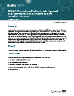 SRAS-CoV-2 : Avis sur l’utilisation de l’appareil  de protection respiratoire Dorma 99 dans  les milieux de soins