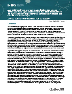 Avis préliminaire concernant la vaccination des jeunes contre la COVID-19 dans le contexte du signal de survenues de myocardites et de péricardites après l’administration des vaccins à ARN messager