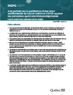 Avis portant sur la pertinence d’une dose additionnelle de vaccin contre la COVID-19 pour les personnes ayant une immunodépression