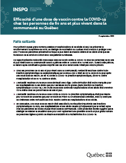 Efficacité d’une dose de vaccin contre la COVID-19 chez les personnes de 60 ans et plus vivant dans la communauté au Québec