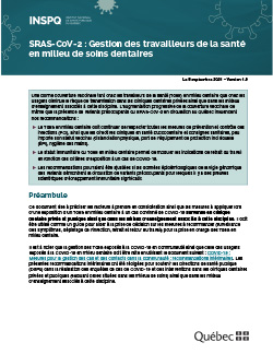 SRAS-CoV-2 : Gestion des travailleurs de la santé en milieu de soins dentaires