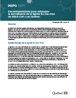 Recommandations pour rehausser  la surveillance de la lignée B.1.621 (mu) du SRAS-CoV-2 au Québec