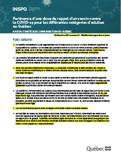 Pertinence d’une dose de rappel d’un vaccin contre la COVID 19 pour les différentes catégories d’adultes  au Québec
