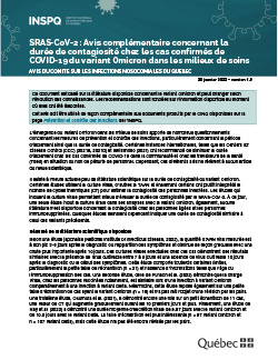 SRAS-CoV-2 : Avis complémentaire concernant la durée de contagiosité chez les cas confirmés de COVID-19 du variant Omicron dans les milieux de soins