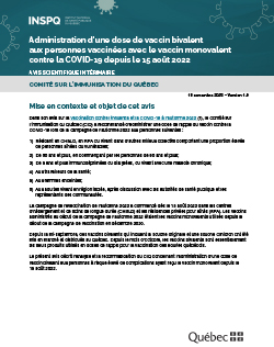 Administration d’une dose de vaccin bivalent  aux personnes vaccinées avec le vaccin monovalent contre la COVID-19 depuis le 15 août 2022