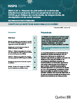 SRAS-CoV-2 : Mesures de prévention et contrôle des infections en présence d’un cas suspecté ou un cas de COVID-19 en milieux de courte durée, de longue durée, de réadaptation et de santé mentale SRAS-CoV-2 : Mesures de prévention et contrôle des infections en présence d’un cas suspecté ou un cas de COVID-19 en milieux de courte durée, de longue durée, de réadaptation et de santé mentale