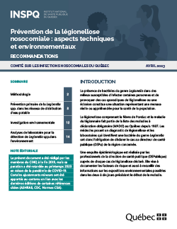 Prévention de la légionellose nosocomiale dans les établissements de santé au Québec