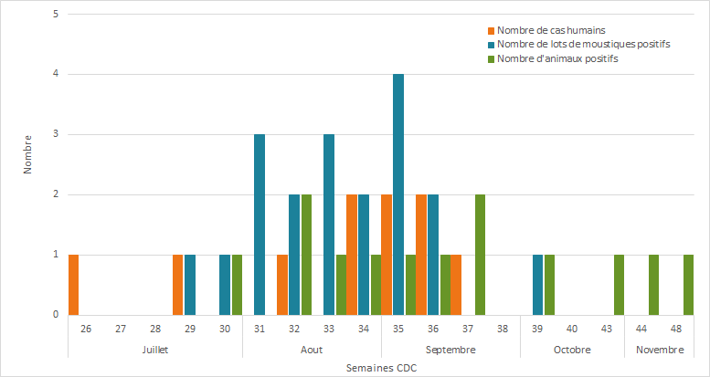 Figure 2 - Surveillance intégrée du VNO (cas humains, animaux et le nombre positifs de lots de Culex pipiens-restuans) par semaine CDC au Québec – 2019