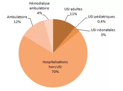 Figure 5 – Répartition des cas selon la catégorie d’unité de soins et le type d’unité de soins intensifs, Québec, 2013-2014 (%)