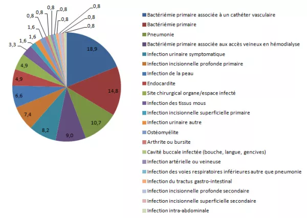 Figure 3 – Répartition des bactériémies nosocomiales à SARM (cat. 1a, 1b et 1c) selon le type d’infection, Québec, 2013-2014 (N = 122)